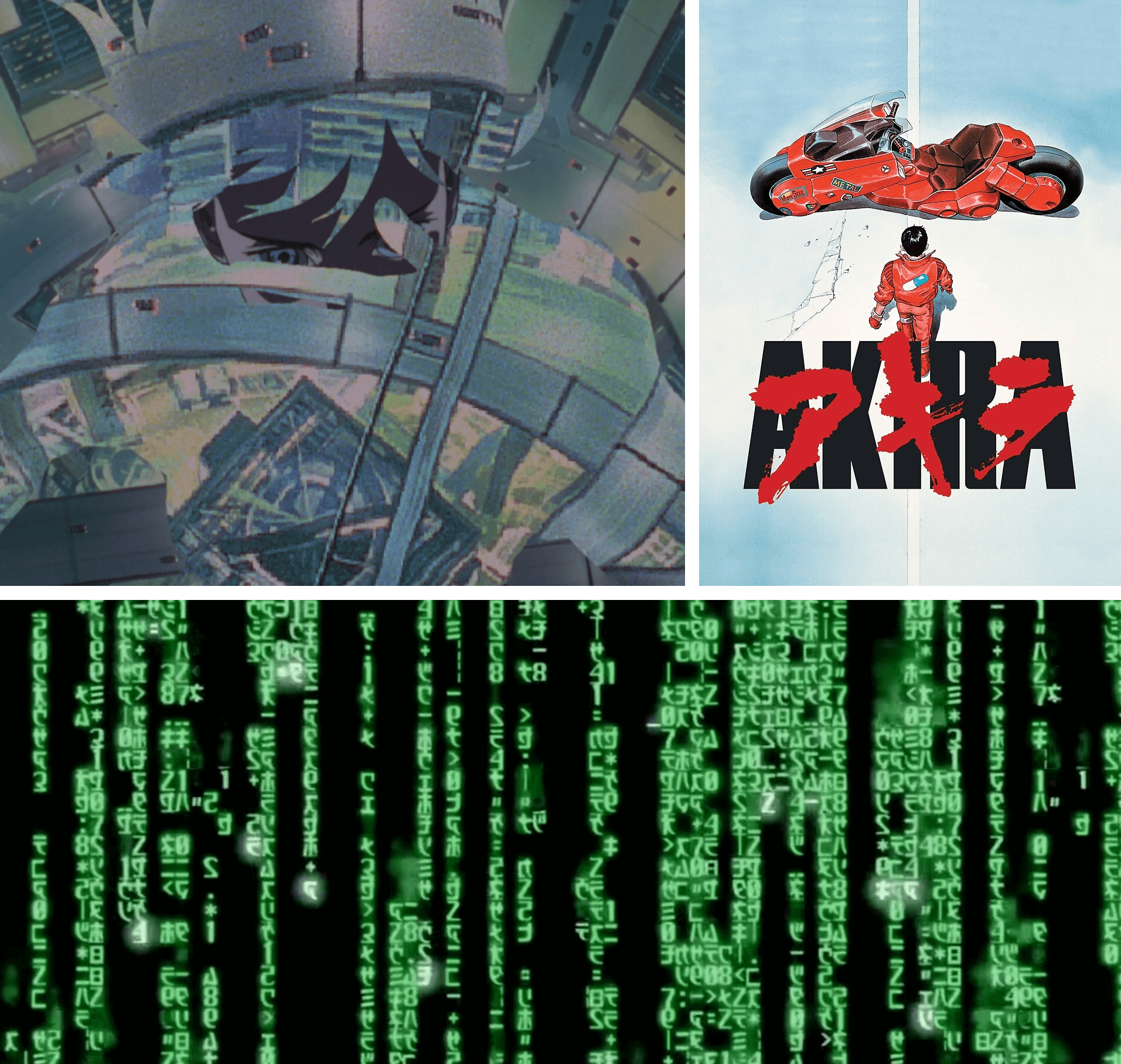 A scene from Ghost in the Shell (1995) with the Major cloaking with thermoptic camouflage; the poster for Akira; The Matrix's digital rain effect